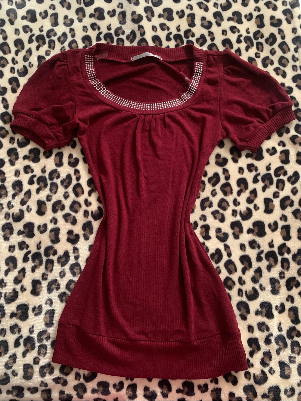 Burgundy Short Sleeve Neck Top with Rhinestone Trim